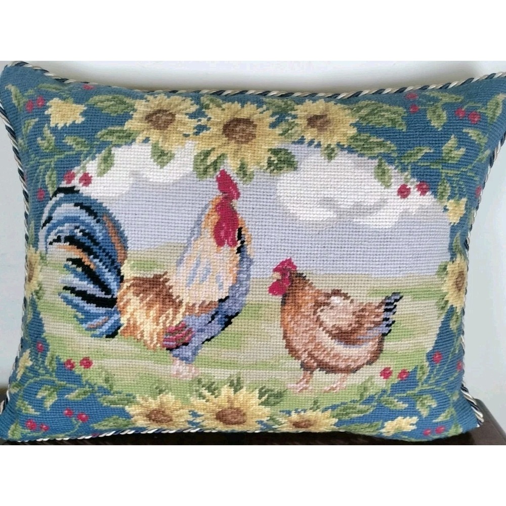 Vintage Rooster Hen Needlepoint Accent Pillow 18x14 Wool Sunflower Blue Velvet